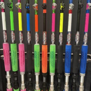 Colorful fishing rods displayed in a row.