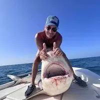 A man on a boat with a shark in the water.
