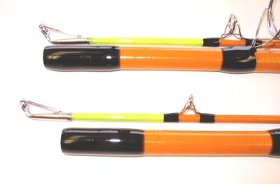 Two orange and black poles with a yellow handle.