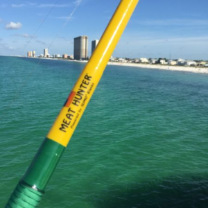 A pole with a yellow handle in the water.