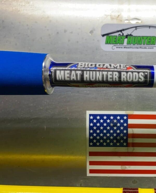 A blue meat hunter rod with an american flag sticker.