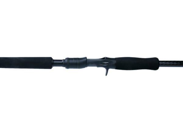 A black fishing rod with a black handle.