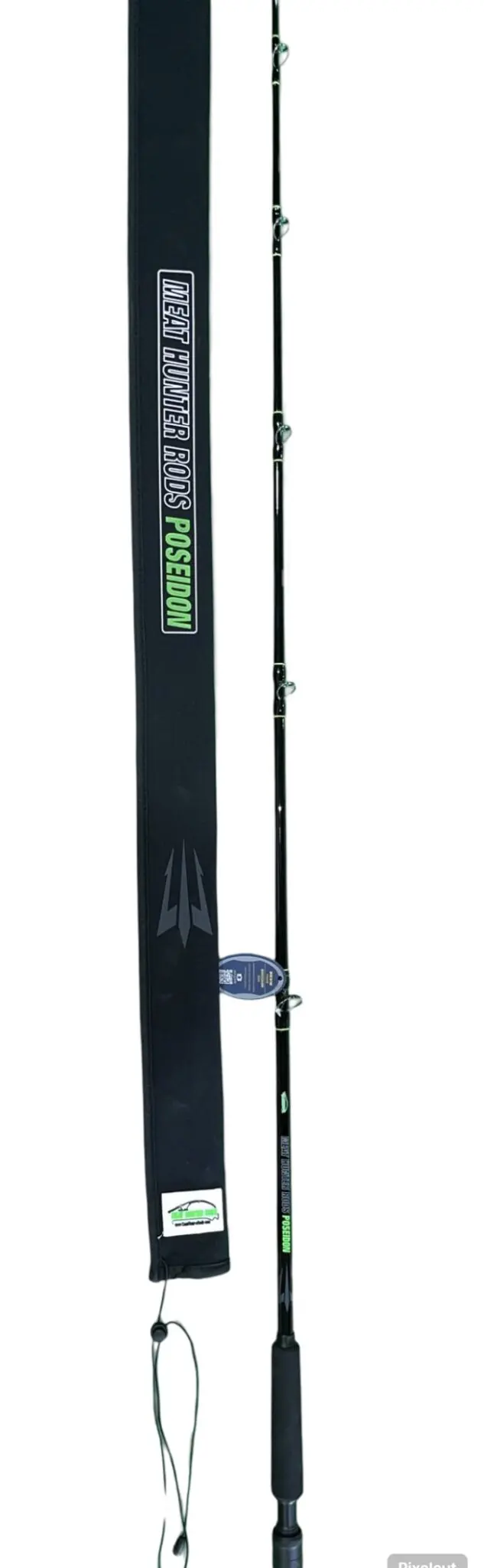 A black and green fishing pole with a blue handle